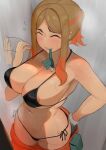  1girl afterimage areola_slip bikini black_bikini blurry blush brown_hair closed_eyes clothes_pull commentary_request fanning_self flying_sweatdrops gatchan gloves hand_on_own_hip hand_up highres hot indoors motion_lines mouth_hold multicolored_hair navel orange_hair orange_pants orla_(pokemon) pants pants_pull parted_bangs pokemon pokemon_(anime) pokemon_horizons raised_eyebrow sidelocks solo sweat swimsuit teeth 