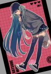  1girl alternate_costume arm_behind_back bag baseball_cap belt black_footwear black_headwear black_skirt black_thighhighs blue_eyes blue_hair blue_nails blush can cellphone_picture dot_nose drawstring edward-el finger_to_cheek grey_hoodie grin hair_between_eyes hat hatsune_miku highres holding holding_bag holding_behind_back hood hood_down hoodie index_finger_raised jacket leaning_forward long_hair loose_belt miniskirt nail_polish open_mouth plastic_bag pleated_skirt shoes sidelocks skirt smile sneakers solo straight_hair striped striped_jacket teeth thighhighs very_long_hair viewfinder vocaloid zettai_ryouiki 