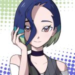  1girl bare_shoulders black_choker blue_hair brown_eyes choker closed_mouth collarbone commentary_request eyelashes grey_vest hair_between_eyes hand_up highres perrin_(pokemon) pokemon pokemon_(game) pokemon_sv shiomipon short_hair smile solo upper_body vest 