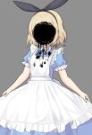  1girl alice_(black_souls) apron black_hairband black_souls blonde_hair blue_dress commentary darkness dress facing_viewer grey_background hairband hole_in_face palenitre short_hair simple_background solo white_apron 