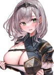  1girl absurdres armor blush breasts cleavage green_eyes grey_hair highres hololive large_breasts looking_at_viewer parted_lips rum_raisin_(chihiromakita19) shiny_skin shirogane_noel short_hair smile solo upper_body virtual_youtuber 