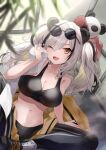  1girl ;d animal_ears arknights bangs black_hair black_pants commentary_request crop_top feater_(arknights) feater_(dojo_star)_(arknights) highres indian_style leggings long_hair looking_at_viewer midriff multicolored_hair navel one_eye_closed open_mouth orange_eyes panda panda_ears pants saiko_(saisaka) sitting smile sports_bra stomach streaked_hair twintails white_hair 