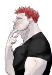  1boy adam&#039;s_apple artist_request beard beard_stubble boku_no_hero_academia endeavor_(boku_no_hero_academia) facial_hair from_side highres male_focus mature_male muscular muscular_male pectorals profile scar scar_across_eye shirt short_hair sideburns solo spiked_hair stubble t-shirt thick_eyebrows thinking upper_body 