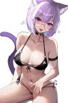  1girl absurdres ahoge animal_ear_fluff animal_ears bare_shoulders bespectacled bikini black_bikini blush breasts cat_ears cat_girl cat_tail collar collarbone fang front-tie_bikini_top front-tie_top glasses hair_between_eyes highres hololive kkato large_breasts looking_at_viewer navel nekomata_okayu open_mouth purple_eyes purple_hair round_eyewear short_hair side-tie_bikini_bottom solo swimsuit tail virtual_youtuber 