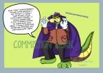  2023 alligator alligatorid anthro biped bottomwear brok_(character) brok_the_investigator burneracc929ee7737w cape clothing crocodilian distracting_watermark english_text facial_hair gloves handwear hi_res humanoid_hands mustache pants reptile scalie solo text watermark 