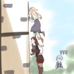  1girl 3boys ? ?? atelier_(series) atelier_ryza atelier_ryza_1 blonde_hair bos_brunnen brown_hair klaudia_valentz lent_marslink multiple_boys raya_(yuri15923) red_shorts short_hair short_shorts shorts tao_mongarten wall 