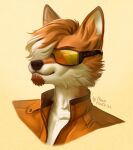  2022 anthro bust_portrait canid cheek_tuft closed_smile clothed clothing dated eyewear facial_tuft fur glasses hair hi_res inner_ear_fluff jacket male mammal marie_merkh mouth_closed multicolored_hair orange_body orange_clothing orange_fur orange_hair orange_inner_ear_fluff orange_jacket orange_topwear portrait signature simple_background solo tinted_glasses topwear tuft two_tone_hair wearing_glasses white_body white_fur white_hair 