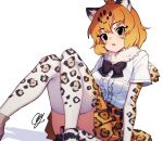  1girl animal_ears black_bow black_bowtie blonde_hair blush bow bowtie elbow_gloves fur_collar gloves hatagaya high-waist_skirt jaguar_(kemono_friends) jaguar_ears jaguar_girl jaguar_print jaguar_tail kemono_friends looking_at_viewer pleated_skirt print_gloves print_legwear print_skirt shirt short_hair short_sleeves sitting skirt solo tail thighhighs white_gloves white_shirt white_thighhighs zettai_ryouiki 