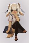  1girl animal_ears arm_at_side bag black_eyes black_thighhighs brown_footwear brown_horns brown_skirt collared_shirt commentary crossed_legs fang flat_chest full_body furry furry_female goat_ears goat_girl goat_horns goat_tail grey_background hand_to_own_mouth hand_up happy heart horizontal_pupils horns invisible_chair korean_text looking_at_viewer miniskirt open_mouth original pleated_skirt raised_eyebrows school_bag school_uniform shirt shoes short_hair short_sleeves shoulder_bag sidelocks simple_background sitting skirt smile smug solo spoken_heart talking thighhighs translation_request uyu_(soda_uyu) white_hair white_shirt 
