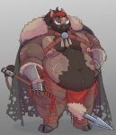  2023 absurd_res anthro barbarian belly big_belly bottomwear brown_body captainjusticevirtsuoso clothing hi_res humanoid_hands loincloth male mammal moobs nipples overweight overweight_male scar simple_background solo suid suina sus_(pig) weapon wild_boar 