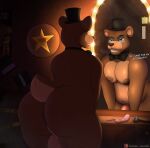  2023 anthro areola backsack balls barricade_tape bear big_areola big_butt big_penis black_bowtie black_clothing black_hat black_headwear black_pupils blue_eyes brown_nipples butt caution_tape clothing derickk76 dialogue english_text five_nights_at_freddy&#039;s freddy_(fnaf) front_view fur genitals glowing glowing_eyes hat headgear headwear hi_res huge_butt huge_thighs looking_at_viewer male mammal microphone mirror moobs nipples overweight overweight_anthro overweight_male penis perineum pink_bowtie pink_penis pupils rear_view scottgames solo talking_to_viewer tan_balls tan_body tan_fur tan_perineum text thick_thighs top_hat 