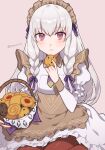  1girl apron basket braid closed_mouth cookie fire_emblem fire_emblem:_three_houses fire_emblem_heroes food frilled_apron frills highres holding holding_basket long_hair long_sleeves lysithea_von_ordelia maid maid_apron maid_headdress official_alternate_costume official_alternate_hairstyle peach11_01 picnic_basket pink_eyes puffy_sleeves simple_background solo waist_apron white_hair 