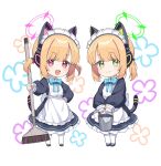  2girls alternate_costume animal_ear_headphones animal_ears apron black_dress black_footwear blonde_hair blue_archive blue_bow blue_ribbon blush bow bucket cat_tail dress fake_animal_ears fake_tail full_body green_eyes hair_bow headphones highres holding holding_bucket long_sleeves maid maid_headdress midori_(blue_archive) midori_(maid)_(blue_archive) momoi_(blue_archive) momoi_(maid)_(blue_archive) multiple_girls neck_ribbon official_alternate_costume open_mouth pantyhose red_bow red_eyes ribbon shan_(ti0n) shoes short_hair siblings simple_background sisters smile tail twins white_apron white_background white_pantyhose 