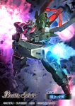  asteroid battle_spirits copyright_name energy_gun explosion glowing glowing_eyes green_eyes gun gundam gundam_lfrith_ur gundam_suisei_no_majo head_tilt highres holding holding_gun holding_weapon kenko_(a143016) logo mecha no_humans official_art robot space v-fin weapon 