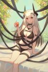  1girl absurdres apple arknights armlet bare_shoulders bikini black_bikini black_ribbon breasts bush cleavage closed_mouth collar day dhsl feet_out_of_frame flower food fruit grey_hair hair_flower hair_ornament highres holding holding_food holding_fruit horns infection_monitor_(arknights) jewelry large_breasts long_hair looking_at_viewer mudrock_(arknights) mudrock_(silent_night)_(arknights) navel necklace official_alternate_costume outdoors pointy_ears red_eyes ribbon sitting smile solo swimsuit very_long_hair yellow_flower 