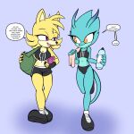  anthro canid canine canis clothed clothing dialogue duo ellie_the_wolf fan_character female fours_(artist) fur gecko green_body green_skin hi_res lizard mammal orange_eyes phone purple_eyes reptile scalie sega skitter_the_gecko sonic_the_hedgehog_(series) wolf workout_clothing yellow_body yellow_fur 