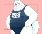  anthro belly blush bulge canid canine canis clothing domestic_dog embarrassed fur hi_res japanese_text jinnta4014 lifewonders live_a_hero male mammal navel nordic_sled_dog one-piece_swimsuit overweight samoyed school_swimsuit solo spitz swimwear text white_body white_fur yohack 