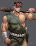  1boy armpit_hair armpit_peek bara bare_pectorals beard chest_hair club_(weapon) facial_hair feet_out_of_frame gentle2nd green_kimono hadanugi_dousa horned_mask japanese_clothes kimono large_pectorals leg_hair male_focus mask mature_male muscular muscular_male nipples oni oni_mask original over_shoulder pectorals short_hair solo spiked_club thick_eyebrows weapon weapon_over_shoulder 