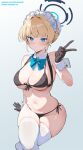  1girl bare_shoulders bikini black_bikini black_gloves blonde_hair blue_archive blue_bow blue_bowtie blue_eyes bow bowtie breasts closed_mouth crossed_legs detached_collar gloves halo highres maid_headdress medium_breasts navel simao_(x_x36131422) simple_background sitting skindentation solo stomach sweat swimsuit thighhighs thighs toki_(blue_archive) v white_thighhighs wing_collar wrist_cuffs 