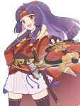  1girl fire_emblem fire_emblem:_radiant_dawn fire_emblem_heroes gonzarez headband highres japanese_clothes katana long_hair looking_at_viewer ninja official_alternate_costume official_alternate_hairstyle open_mouth orange_eyes ponytail purple_hair sanaki_kirsch_altina sanaki_kirsch_altina_(ninja) scroll skindentation smile solo sword thighhighs v-shaped_eyebrows weapon white_background 
