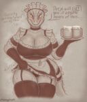  anthro argonian bethesda_softworks big_breasts blush bodily_fluids breasts cleavage clothed clothing clothing_lift deeja dress dress_lift female garter_straps legwear maid_uniform panties scalie smagloosh solo sweat the_elder_scrolls thick_thighs thigh_highs underwear uniform 