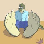  2015 5_toes anthro barefoot bottomwear button_(fastener) clothing crocodile crocodilian crocodylid eyewear feet foot_fetish foot_focus glasses green_body hi_res humanoid_feet looking_at_viewer male orange_background pants plantigrade reptile scalie sebastian_(nomadl3) shadow shirt simple_background sitting snout soles solo sorcererlance tail toes topwear 