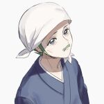  1boy beni_(pokemon) closed_mouth commentary_request facial_hair goatee green_hair grey_eyes grey_jacket head_scarf jacket kienai_11 looking_up male_focus mustache pokemon pokemon_(game) pokemon_legends:_arceus short_hair simple_background solo upper_body white_background white_headwear 