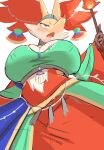  absurd_res anthro big_breasts blush breasts cleavage clothed clothing delphox female fire fur generation_6_pokemon green_clothing hair hi_res huge_breasts nintendo nojaaaaaaaarori open_mouth orange_eyes pokemon pokemon_(species) red_body red_fur red_hair red_nose simple_background solo standing stick white_background white_body white_fur wide_hips yellow_body yellow_fur 