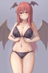  1girl absurdres adjusting_bra adjusting_clothes bare_shoulders bat_wings blush bra breasts cleavage collarbone cowboy_shot forneus_0 grey_background groin head_wings highres koakuma large_breasts light_smile long_hair looking_at_viewer navel red_eyes red_hair sidelocks simple_background solo touhou underwear very_long_hair wings 