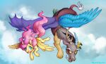  2023 2_toes 3_toes 4_toes absurd_res antlers bat_wings beard blue_body blue_feathers blue_wings brown_body brown_fur chimera claws cutie_mark digital_media_(artwork) discord_(mlp) dock draconequus duo equid equine eyebrows facial_hair fangs feathered_wings feathers feet female feral fluttershy_(mlp) flying friendship_is_magic fur green_eyes grey_body grey_fur hair hasbro hi_res hooves horn male mammal membrane_(anatomy) membranous_wings multicolored_body multicolored_fur my_little_pony pegasus pink_hair pink_tail purple_wings red_eyes red_tail smile spread_wings t0byinthesky tail tail_tuft talons teeth toe_claws toes tuft wings yellow_body yellow_feathers yellow_fur yellow_sclera 