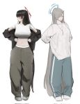  2girls asuna_(blue_archive) baggy_clothes baggy_pants black_hair black_jacket blue_archive blue_pants breasts crop_top full_body grey_hair grey_pants halo hands_on_own_hips highres jacket jewelry large_breasts long_hair long_sleeves multiple_girls necklace oilo_515 pants red_eyes shirt short_sleeves simple_background sketch standing sweat sweatpants tsurugi_(blue_archive) very_long_hair white_background white_shirt 