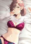 1girl absurdres arms_up bed_sheet blush bra breasts brown_hair clothes_lift clothes_pull floral_print from_above groin hair_ornament hairclip head_tilt highres kuzukiri_(riezenagel) lace-trimmed_bra lace-trimmed_panties lace_trim looking_at_viewer lying medium_breasts navel on_back on_bed original panties pants pants_pull parted_lips pink_bra pink_panties print_bra shirt_lift short_hair solo underwear 
