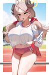  1girl absurdres ahoge alternate_costume blue_archive blue_sky breasts bright_pupils brown_eyes brown_hair cloud commentary curled_horns gym_uniform highres horns huge_breasts izumi_(blue_archive) long_hair midriff navel nicorima open_mouth outdoors red_shorts see-through see-through_shirt shirt shorts sky solo sweat teeth thighs twintails upper_teeth_only white_pupils white_shirt 