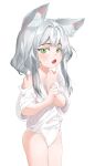  1girl absurdres animal_ear_fluff animal_ears arknights cat_ears commentary_request cowboy_shot fangs green_eyes grey_hair hands_up highres looking_at_viewer no_pants off_shoulder open_mouth panties rosmontis_(arknights) shirt short_sleeves simple_background soda_(sod4) solo standing underwear white_background white_panties white_shirt 