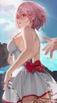  1girl armpit_crease back bare_back bare_shoulders blue_sky blurry blurry_foreground blush bob_cut bow breasts cloud cloudy_sky day dress_swimsuit fate/grand_order fate_(series) fingernails from_behind highres large_breasts looking_back mash_kyrielight mash_kyrielight_(swimsuit_of_perpetual_summer) nanaken_nana official_alternate_costume one-piece_swimsuit open_mouth outdoors pink_bow pink_hair purple_eyes sky solo standing swimsuit thighs white_one-piece_swimsuit 