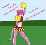  2013 anthro bottomwear cheering cheerleader cheerleader_outfit cheerleading_pose clothed clothing crop_top crossdressing dialogue domestic_cat english_text felid feline felis fur girly grass green_eyes hair inviting male mammal miniskirt outside pink_body pink_fur pink_hair pinkie.lovesu pinkie.lovesu_(artist) plant pom_poms shirt simple_background skirt sky smile solo tail text topwear white_body white_fur 