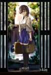  1girl artist_name bag black_thighhighs blue_hakama blurry blurry_background brown_hair closed_mouth commentary_request doorway full_body geta hakama hakama_short_skirt hakama_skirt highres holding holding_bag holding_suitcase japanese_clothes kaga_(kancolle) kantai_collection kimono long_hair looking_at_viewer pov_doorway redrawn seitei_(04seitei) side_ponytail skirt smile socks solo suitcase thighhighs white_kimono white_socks zettai_ryouiki 