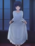  1girl black_eyes black_hair closed_mouth collarbone commentary dress highres kimi_kiss long_dress long_sleeves looking_at_viewer see-through see-through_dress see-through_silhouette shijou_mitsuki short_hair skirt_hold solo standing takenoko_saba_otto white_dress window 