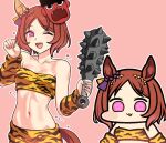  1girl :3 animal_ears beans blush breasts brown_hair cleavage club_(weapon) commentary_request hair_ornament holding holding_weapon horse_ears horse_girl horse_tail jazz_jack kanabou looking_at_viewer mask navel one_eye_closed oni_costume oni_mask open_mouth pink_background purple_eyes sakura_laurel_(umamusume) small_breasts solo spiked_club tail umamusume weapon 