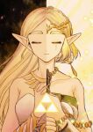  1girl bare_shoulders blonde_hair closed_eyes closed_mouth earrings highres holding holding_sword holding_weapon jewelry long_hair master_sword mouyi necklace pointy_ears princess_zelda short_hair split_theme strapless sword teardrop teardrop_facial_mark the_legend_of_zelda the_legend_of_zelda:_breath_of_the_wild the_legend_of_zelda:_tears_of_the_kingdom tiara triforce weapon 