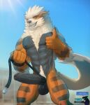  abs anthro arcanine balls big_penis erection foreskin generation_1_pokemon genitals gesture grin hi_res huge_penis humanoid_genitalia humanoid_penis leash looking_at_viewer male muscular muscular_male nintendo nipples nude outside penis penis_leash pokemon pokemon_(species) pubes public smile solo thumbs_up todex 