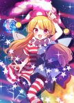  1girl american_flag_dress american_flag_legwear arm_up blonde_hair blush clownpiece dress earth_(planet) fairy fairy_wings feet_out_of_frame fingernails hair_between_eyes hat highres holding holding_torch jester_cap long_hair moon moshihimechan open_mouth pantyhose pink_eyes pink_headwear planet polka_dot polka_dot_headwear smile solo star_(symbol) star_print striped striped_dress striped_pantyhose torch touhou wings 