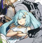  3boys 3girls alhaitham_(genshin_impact) aqua_eyes aqua_hair blonde_hair breasts closed_mouth crossed_arms cyno_(genshin_impact) dress faruzan_(genshin_impact) genshin_impact gold_necklace green_eyes hair_ornament jewelry kaveh_(genshin_impact) long_hair looking_at_viewer medium_breasts melon22 multiple_boys multiple_girls nahida_(genshin_impact) necklace nilou_(genshin_impact) open_mouth out_of_frame solo_focus twintails unfinished white_dress white_hair x_hair_ornament 