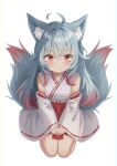  1girl absurdres ahoge animal_ear_fluff animal_ears detached_sleeves fox_ears fox_girl fox_tail gradient_hair grey_hair hakama hakama_skirt highres indie_virtual_youtuber japanese_clothes long_hair looking_at_viewer miniskirt multicolored_hair multiple_tails nontraditional_miko onyankopon_(vtuber) red_eyes red_hair red_hakama red_skirt shirt simple_background sitting skirt smile solo tail tamano_umika thighs virtual_youtuber white_background white_shirt white_sleeves 