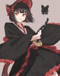  1girl black_hair black_kimono bonnet bow cigarette frilled_kimono frilled_sleeves frills grey_background grin hair_bow highres japanese_clothes kimono limbus_company lolita_fashion long_sleeves looking_at_viewer love_mintchoco project_moon red_bow red_eyes ryoshu_(limbus_company) short_hair simple_background smile solo striped striped_bow wa_lolita wide_sleeves 