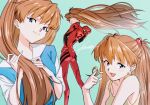  1girl blue_eyes blush bodysuit brown_hair dress hair_focus highres interface_headset kura_rart long_hair looking_at_viewer neon_genesis_evangelion plugsuit red_bodysuit school_uniform skin_tight solo souryuu_asuka_langley sundress two_side_up 