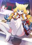  1girl animal_ear_fluff animal_ears arm_support blonde_hair blue_eyes blue_hair blush character_request copyright_request dutch_angle fangs feet foot_focus foot_up foreshortening fox_ears fox_girl frilled_skirt frills hair_ornament highres honshiro_nikori japanese_clothes knee_up leaning_back legs long_hair long_sleeves looking_at_viewer multicolored_hair night night_sky no_shoes nontraditional_miko open_mouth outdoors red_skirt shadow short_eyebrows sidelocks sitting skindentation skirt sky soles solo spread_toes star_(sky) starry_sky streaked_hair thick_eyebrows thighhighs thighs toe_scrunch toenails toes torii twintails virtual_youtuber white_thighhighs 