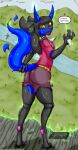  anthro clothing eugeniyburnt flower generation_4_pokemon happy hi_res lucario male nintendo pawpads plant pokemon pokemon_(species) smile solo species_transformation speech_bubble tablet tail tail_grab torn_clothing transformation 