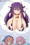  3girls absurdres animal_ears animal_print artist_name bare_shoulders bell bow breasts brown_hair cleavage closed_eyes collar collarbone commentary cow_ears cow_girl cow_horns cow_print cowbell doki_doki_literature_club dreaming earclip english_commentary fang hair_between_eyes hair_bow hat heart heart-shaped_pupils highres horns huge_breasts kemonomimi_mode long_hair looking_at_viewer multiple_girls natsuki_(doki_doki_literature_club) neck_bell nightcap open_mouth patreon_username pillow pink_hair purple_eyes purple_hair raion_(raionart) red_bow red_collar sayori_(doki_doki_literature_club) shared_thought_bubble shiny_skin short_hair sleeping smile star_(symbol) star_print symbol-shaped_pupils thought_bubble under_covers yuri_(doki_doki_literature_club) 