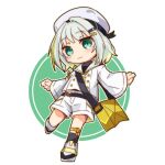 1girl :3 a.i._voice bag belt black_belt black_socks black_undershirt blonde_hair blush chibi circle commentary full_body gradient_hair green_background green_eyes grey_hair hair_ornament hairclip hat kneehighs long_sleeves looking_at_viewer multicolored_hair neckerchief outstretched_arms sailor_collar sailor_hat shirt shoes short_hair shorts shoulder_bag single_hair_intake sneakers socks solo spread_arms standing standing_on_one_leg streaked_hair tsunose_kotone tsunose_kotone_(tsubomi) white_background white_headwear white_sailor_collar white_shirt white_shorts yamainu_luna yellow_neckerchief 